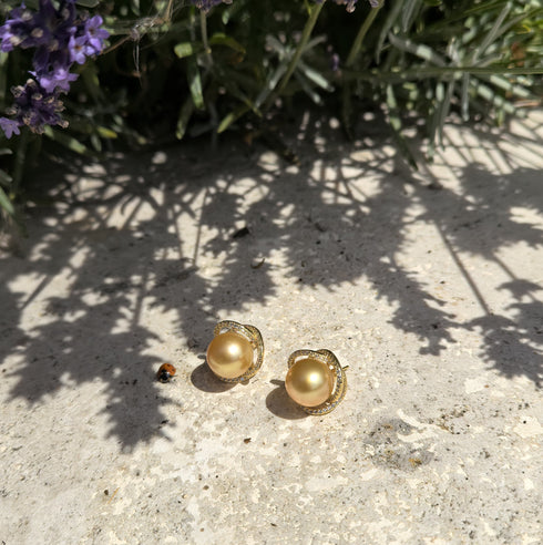 Golden South Sea Pearl 11.0-12.0mm & CZ Rose Pendant Necklace